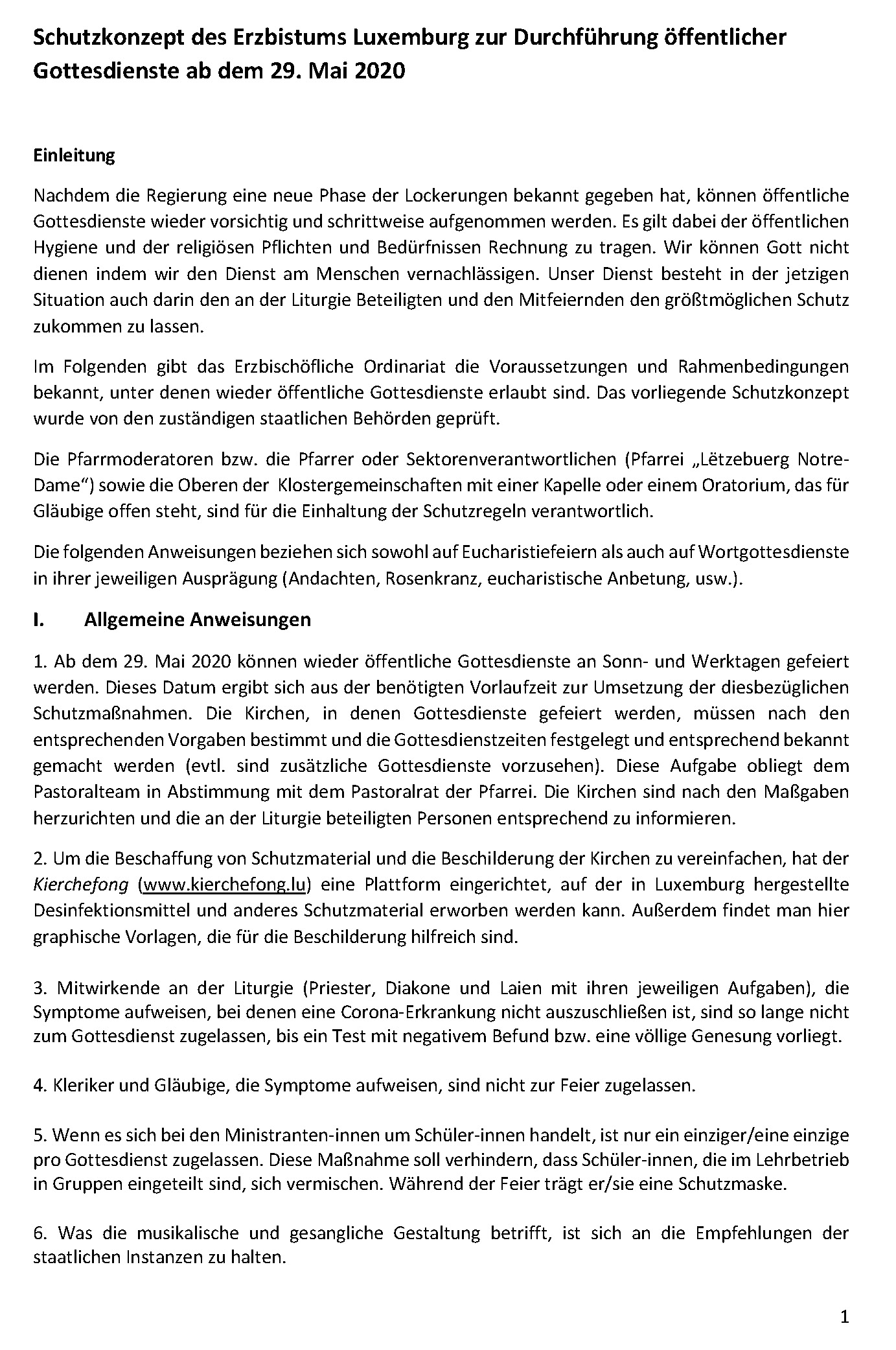 20200526 Schutzkonzept des Erzbistums Luxemburg zur Durchführung öffentlicher Gottesdienste Endfassung Seite 1